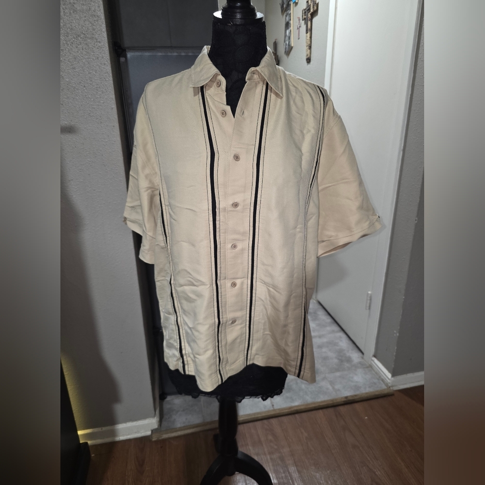 Cubavera Tan Button Down Shirt with Black Accents